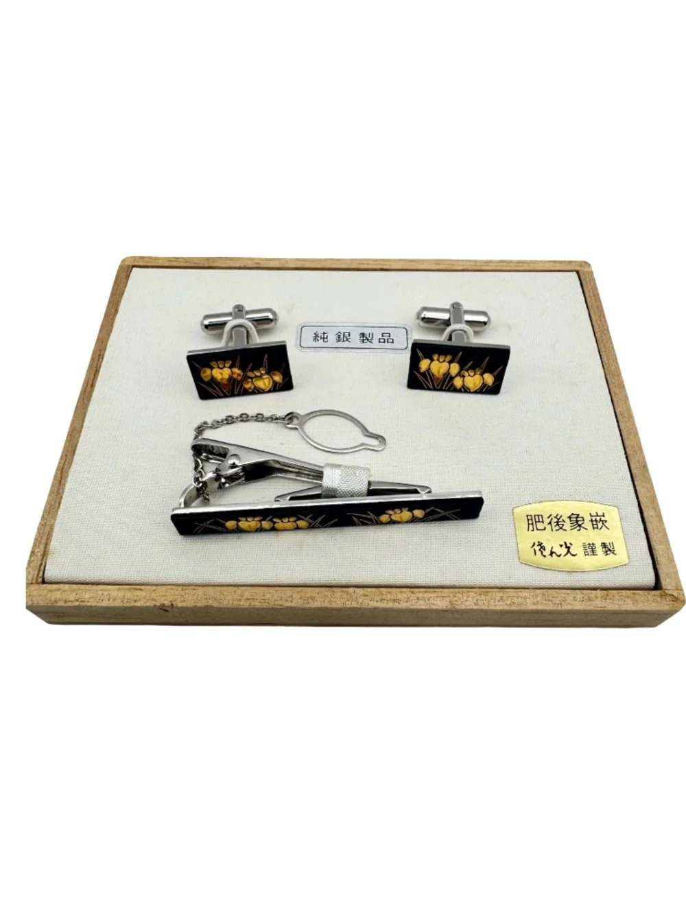 Vtg Japanese Higo Zogan Silver Cufflinks Tie Clip Set Gold Inlay Mens Gift Box